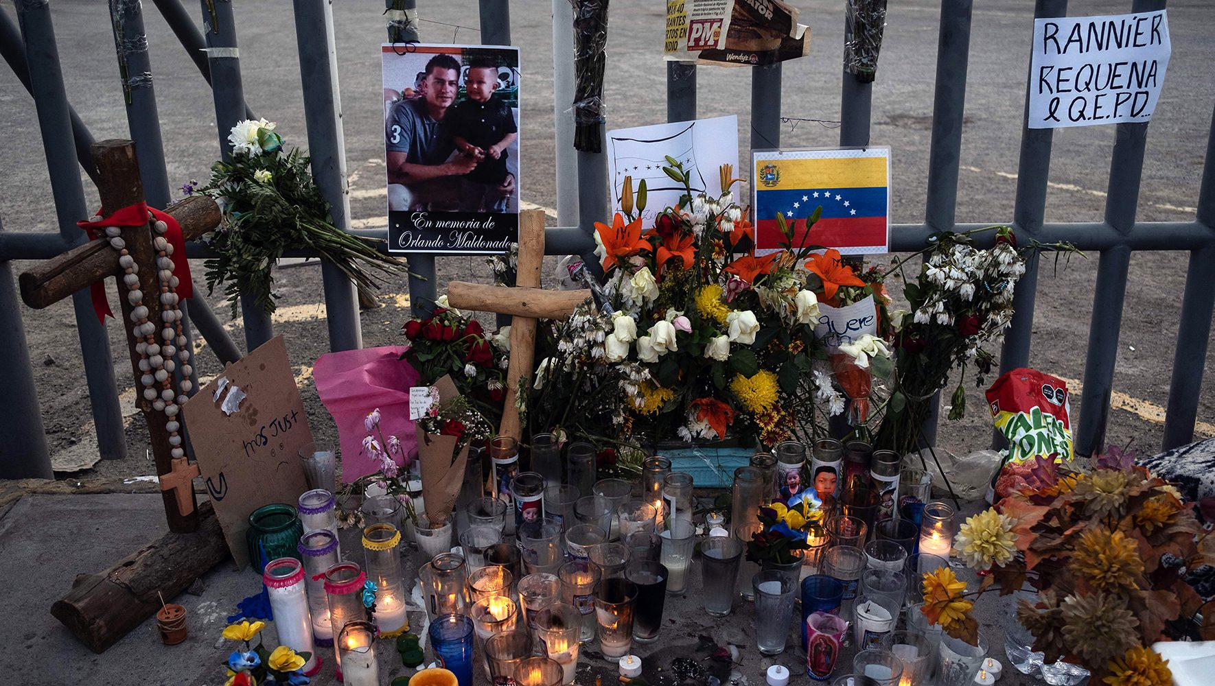 An altar is seen outside the immigration detention center where 39 migrants died during a fire in Ciudad Juarez, Chihuahua state,