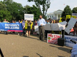 Rabbi Uri Topolosky of Beth Joshua Congregation joins a gathering of refugees, advocates, and faith leaders at a World Refugee Day rally co-sponsored by HIAS on June 20, 2017, in front of the White House. | Congregational Opportunities | How Do Communities Support Refugees | HIAS