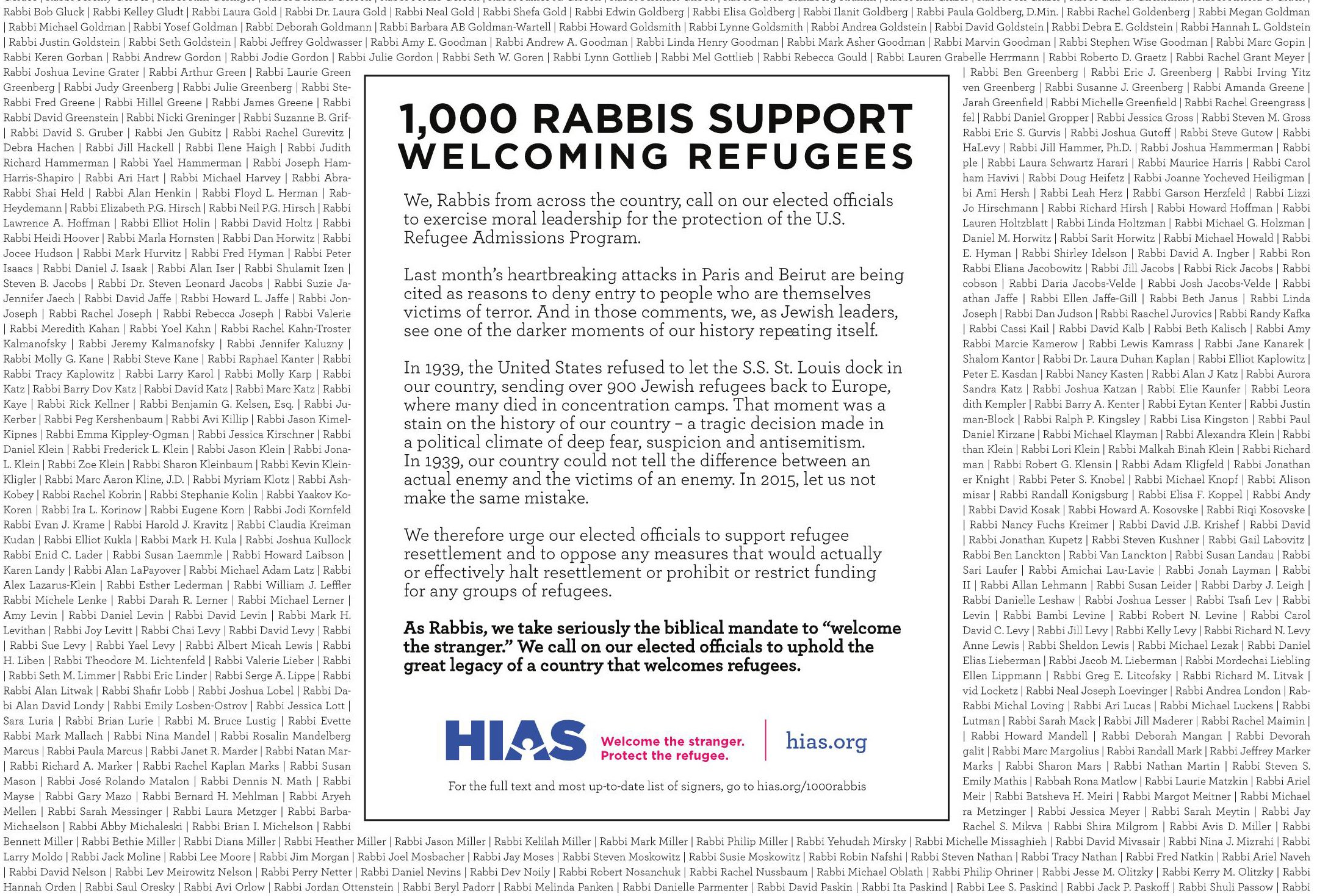 In the News: #1000Rabbis Urge U.S. to Welcome Refugees