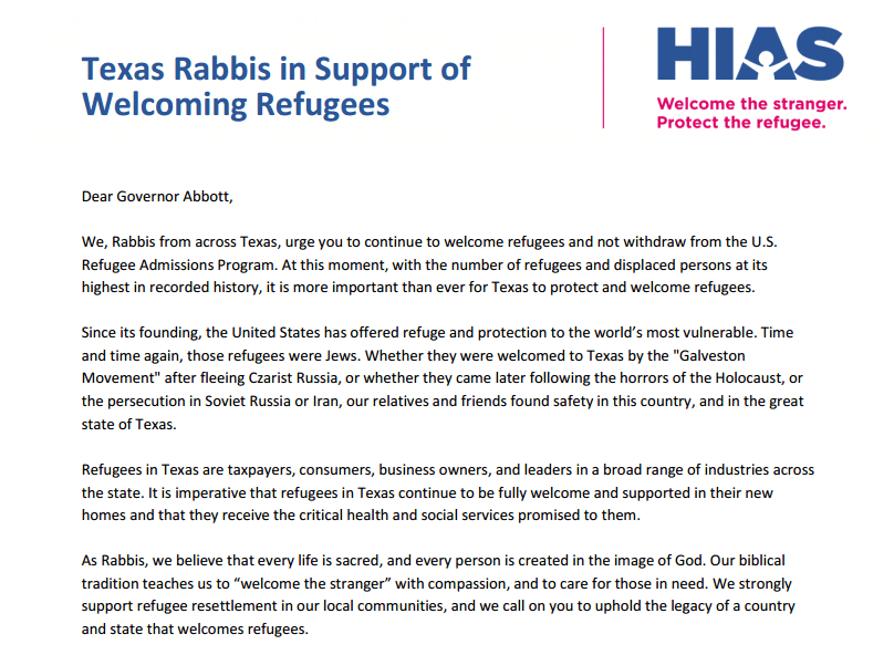 UPDATED: Texas Rabbis Write in Support of Welcoming Refugees