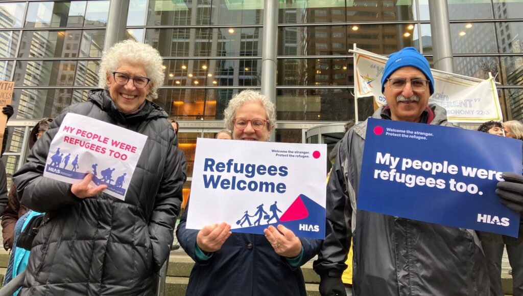 HIAS supporters gather outside a courthouse in Seattle to celebrate the court ruling that blocked the Trump administration’s executive order suspending the U.S. Refugee Admissions Program (USRAP). The decision came in the lawsuit Pacito vs. Trump, in which HIAS is a plaintiff, alongside several other resettlement agencies and individuals directly impacted by the suspension. February 25, 2025 (Zhanna Veyts).