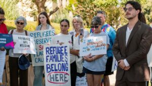 Supporters gather at the Ninth Circuit Court of Appeals after oral arguments were heard in the Pacito v. Trump class action lawsuit challenging the refugee ban in Pasadena, California on September 4, 2025. (Brenda Bravo for IRAP, HIAS, CWS, and LCSNW)
