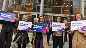 HIAS supporters gather outside a courthouse in Seattle to celebrate the court ruling that blocked the Trump administration’s executive order suspending the U.S. Refugee Admissions Program (USRAP).