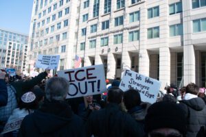 HIAS and refugee and immigrant supporters protest outside an ICE building in Washington, D.C. on February 11, 2026. (Amelia von Wolffersdorff/HIAS)