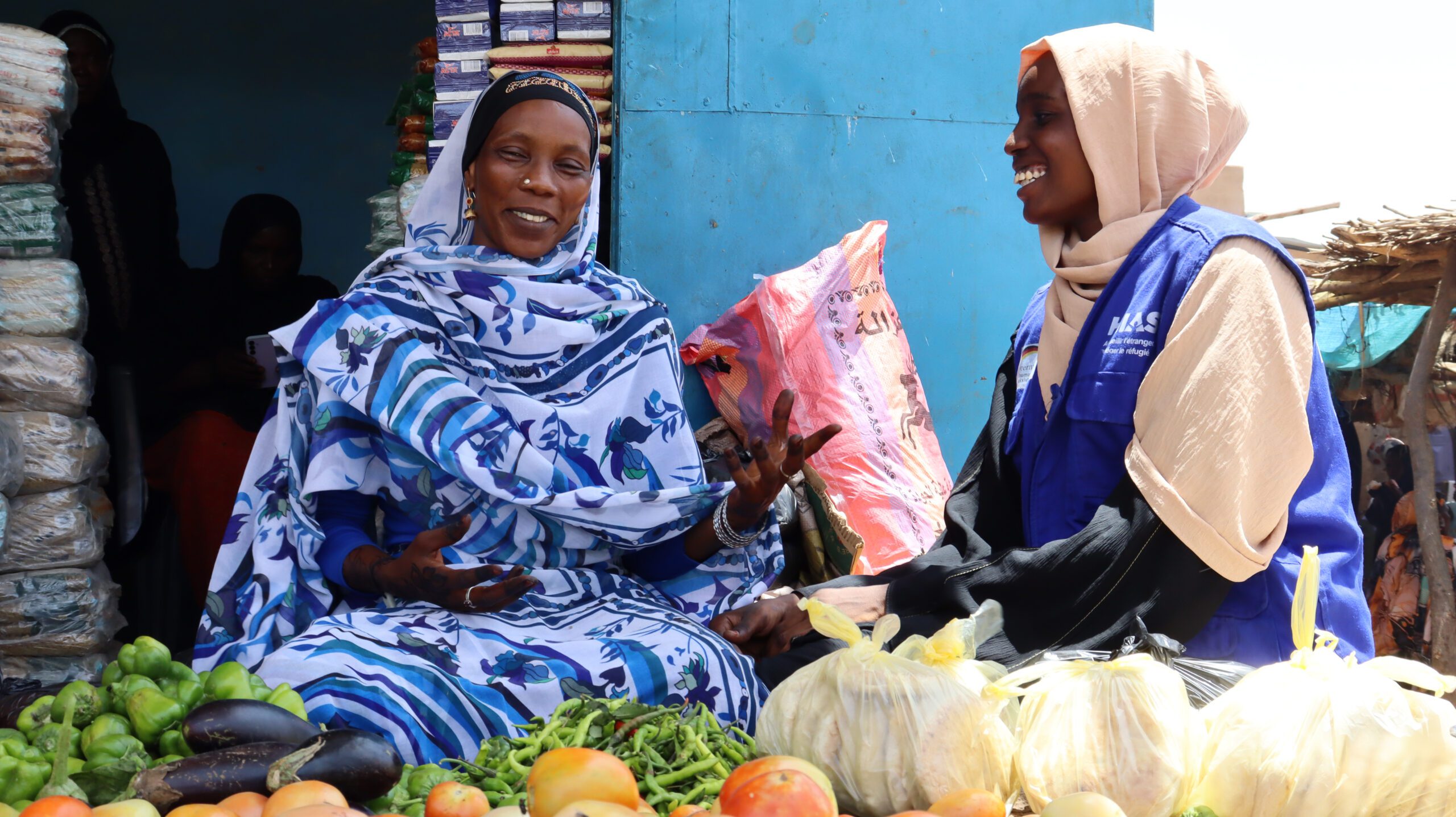 Raouda, a participant in HIAS Chad's income-generating activities program, sells vegetables at the Farchana market in June 2026 (Saam Kouakaine for HIAS).