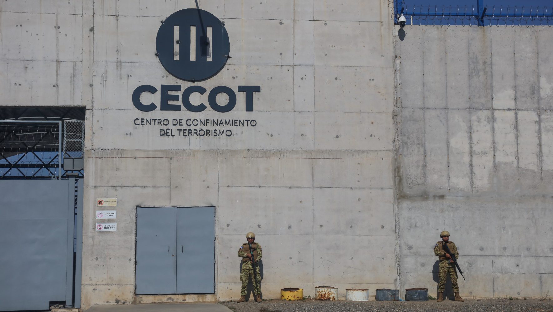 Soldiers guarding the entrance at maximum security penitentiary CECOT (Center for the Compulsory Housing of Terrorism).
