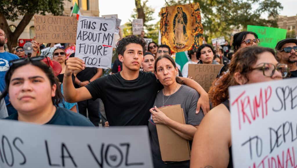 Protesters gather in front of City Hall in San Antonio, Texas.