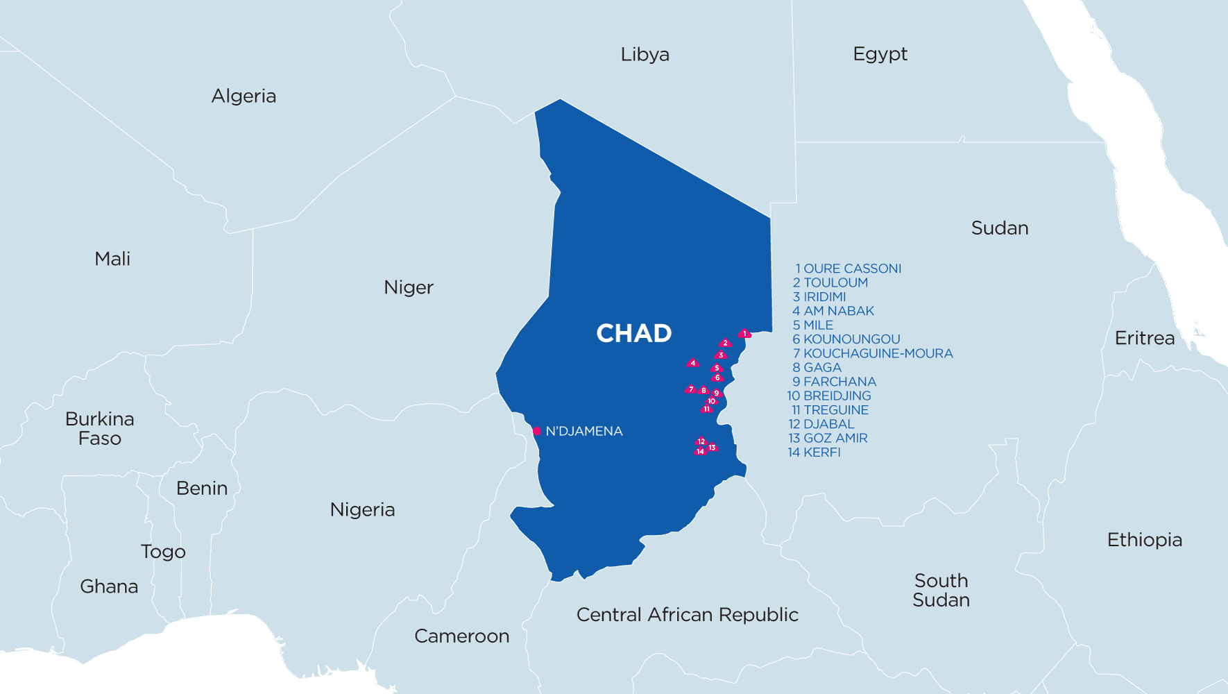 A map showing HIAS' operations in Chad. Locations marked with triangles are field offices serving 13 refugee camps along the country's eastern border with Sudan. They are Oure Cassoni, Touloum, Iridimi, Am Nabak, Mile, Kounoungou. Kouchaguine-Moura, Gaga, Farchana, Breidjing, Treguine, Djabal, Goz Amir, and Kerfi. | Sudan's Crisis Casts Spotlight on Neighboring Chad | HIAS.org