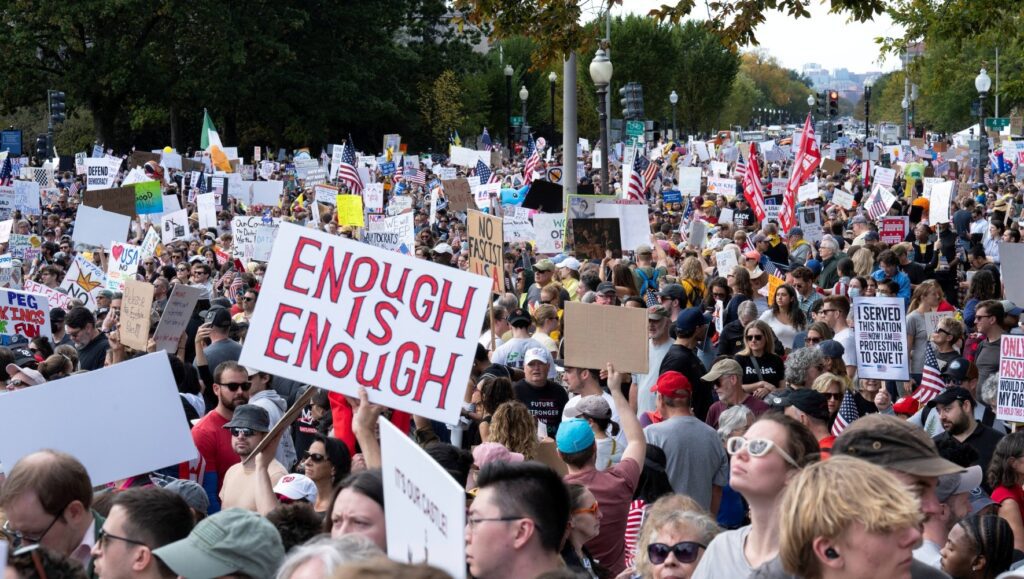 Protesters rally during the "No Kings" national day of protest in Washington, DC, on October 18, 2025. (Roberto Schmidt/AFP via Getty Images)