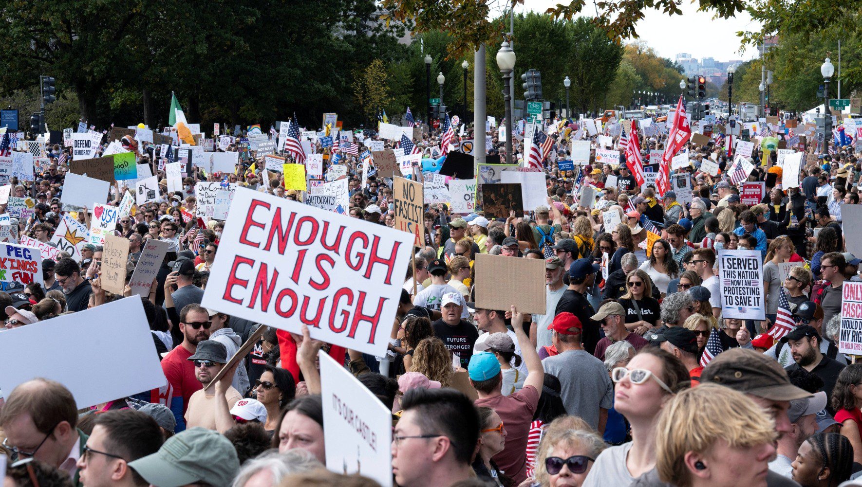 Protesters rally during the "No Kings" national day of protest in Washington, DC, on October 18, 2025. (Roberto Schmidt/AFP via Getty Images)