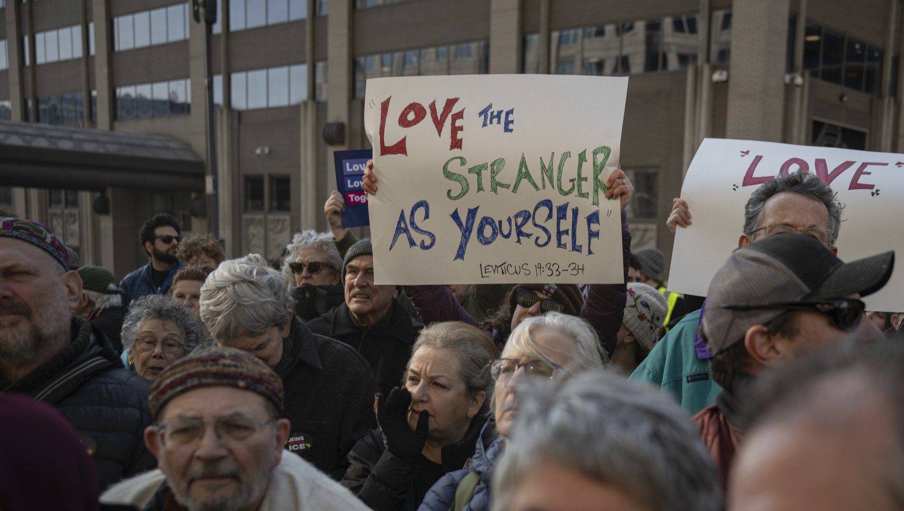 A protest organized by a large number of Jewish groups and HIAS gather for a rally outside the Immigration and Customs Enforcement (ICE) Headquarters to protest ICE raids and arrests in Washington, DC, on February 11, 2026. (Celal Gunes/Getty Images)