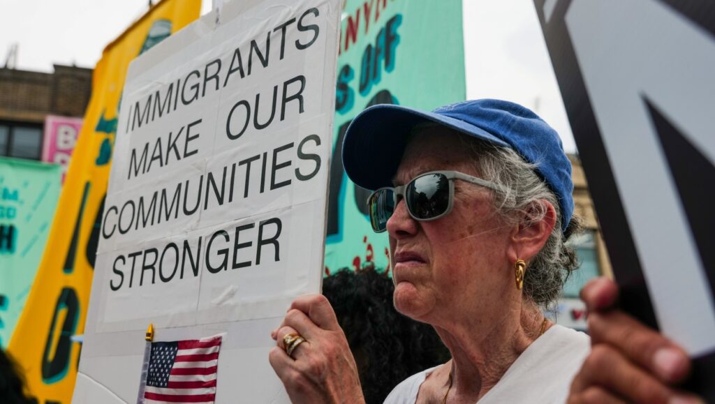 Protesters gather in Corona, Queens, a neighborhood with a significant immigrant population, to denounce the presence of ICE agents arresting people in the area on August 10, 2026, in New York City. (Spencer Platt/Getty Images)