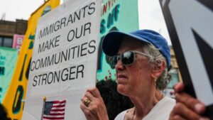 Protesters gather in Corona, Queens, a neighborhood with a significant immigrant population, to denounce the presence of ICE agents arresting people in the area on August 10, 2026, in New York City. (Spencer Platt/Getty Images)
