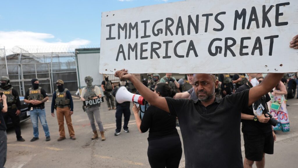 Protesters gather outside the federal immigration center at Delaney Hall in Newark, where ICE is housing detained immigrants on May 28, 2026 in Newark, New Jersey. (Photo by Spencer Platt/Getty Images)
