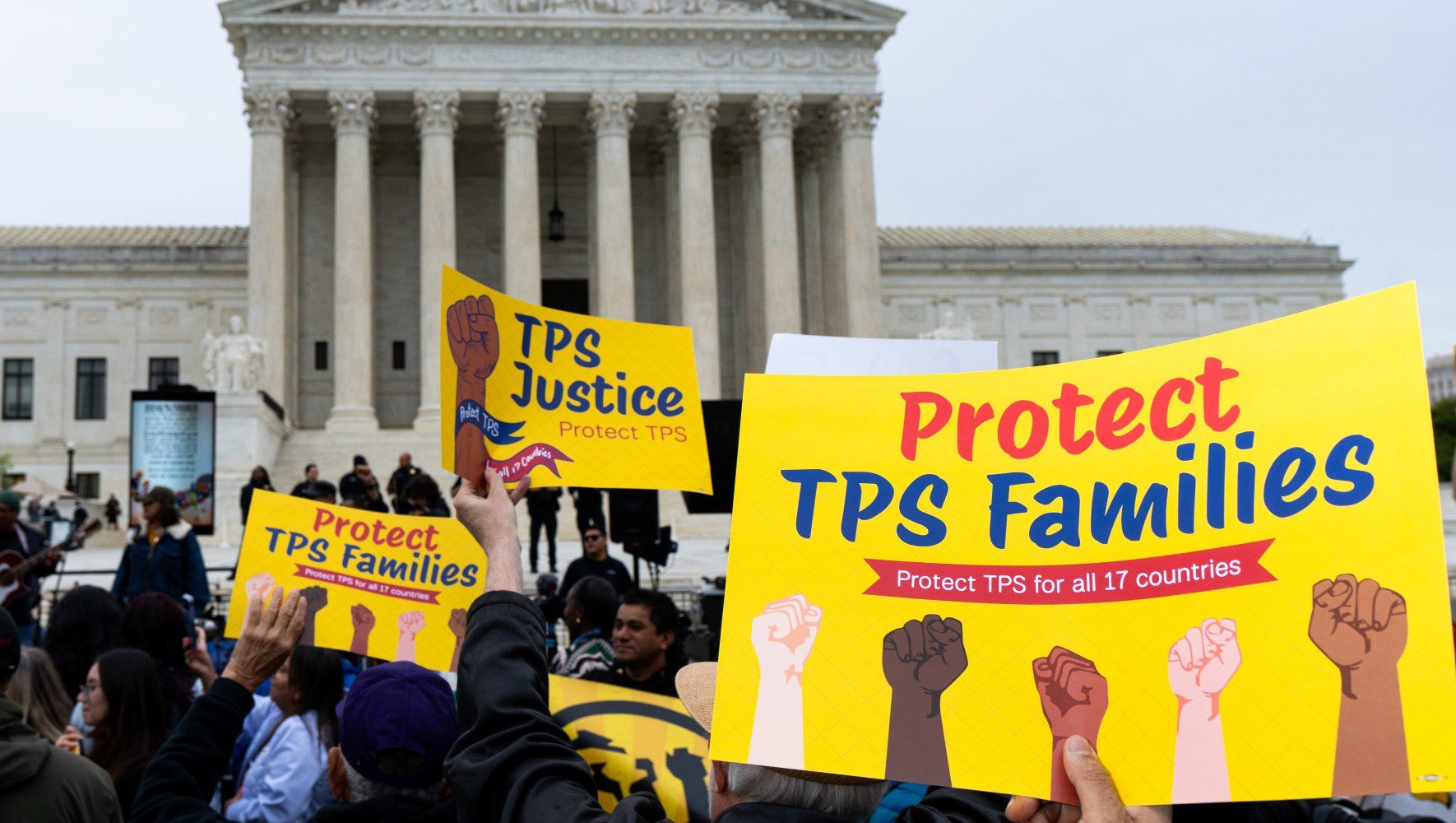 Temporary Protected Status (TPS) holders and advocates rally as the Supreme Court prepares to hear oral arguments in Mullin v. Doe on Wednesday, April 29, 2026, in Washington, D.C. The Supreme Court in June ruled that the Trump Administration may terminate TPS designations for Haitians and Syrians, which could lead to the removal of legal status for 1.3 million people. (Bill Clark/Getty Images)