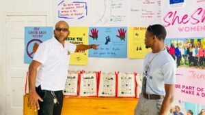 Participants in a workshop examine an advertising campaign for the defense of women and girls against violence. (Magaiva Gonsalves for HIAS)