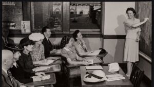 Shortly before the U.S. joined World War II, HIAS is seen here helping teach Jewish refugees English. (HIAS)