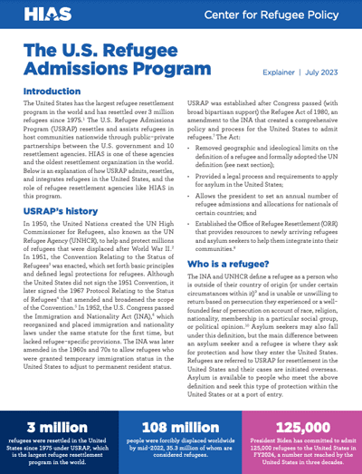 Thumbnail for an explainer titled "The U.S. Refugee Admissions Program which describes how the USRAP works and how organizations like HIAS work with the U.S. government to help refugees in the U.S.